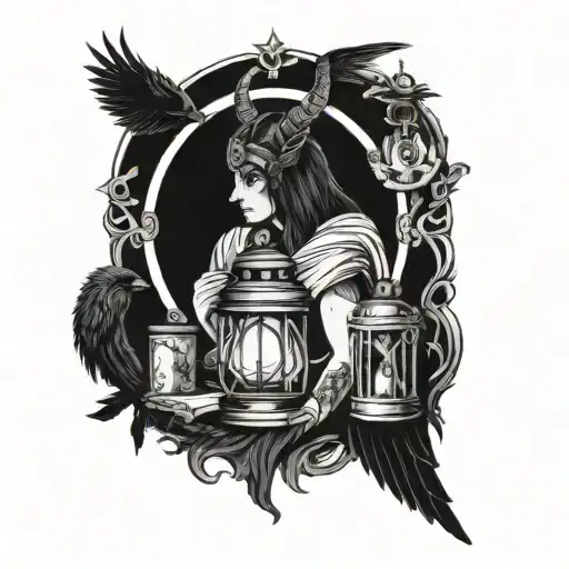 Capricorn Lilith head with horns standing surrounded by a raven, a lantern and books tattoo design idea