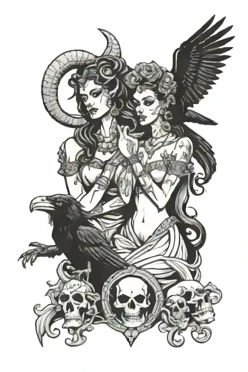 Capricorn goddesses with raven perched and laughing with skulls tattoo design idea