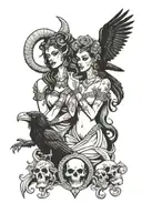Capricorn goddesses with raven perched and laughing with skulls tattoo design idea