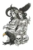 Capricorn goddesses with raven perched and laughing with skulls tattoo design idea