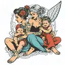 Mother & twin boys sitting together tattoo design idea