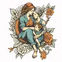 Mother & twin boys sitting together tattoo design idea