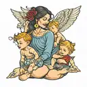 Mother & twin boys sitting together tattoo design idea