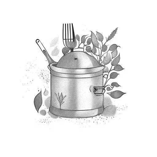 A tattoo of a cooking pot surrounded by various herbs and spices, reflecting the client's love for cooking and culinary skills. tattoo design idea