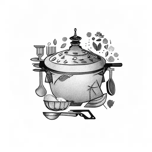 A tattoo of a cooking pot surrounded by various herbs and spices, reflecting the client's love for cooking and culinary skills. tattoo design idea