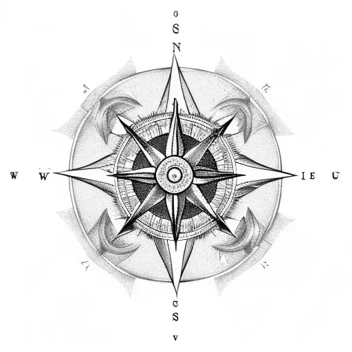 A dotwork tattoo of a compass surrounded by waves, representing the client's desire to explore the sea and travel tattoo design idea