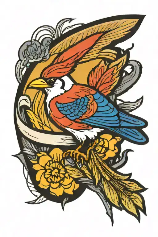 Korean flag with bluejay bird flying tattoo design idea