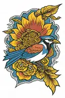 Korean flag with bluejay bird flying tattoo design idea
