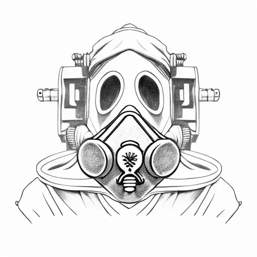 guy with hood and gas mask , pointing a finger at his head  tattoo design idea
