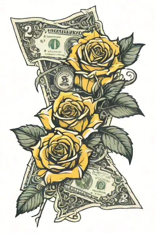two dollar bill and yellow rose intertwined tattoo design idea