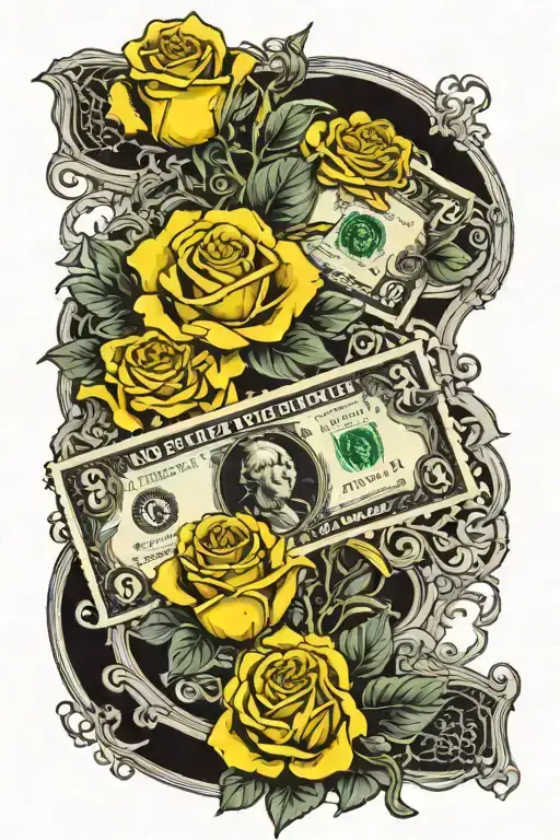 two dollar bill and 3 yellow roses intertwined tattoo design idea