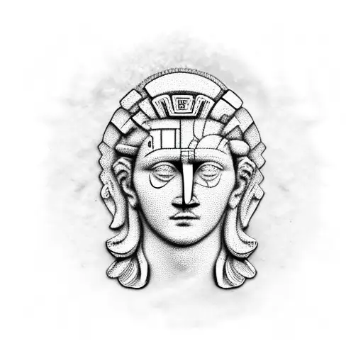 Greek head sculpture with modern patterns on the face and background on shoulder tattoo design idea