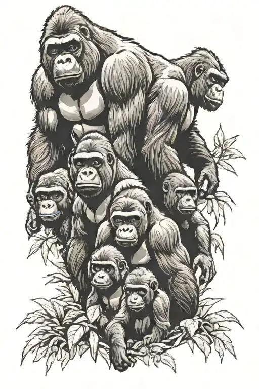 A family of five gorillas with a protective father, supportive mother, and three children  tattoo design idea