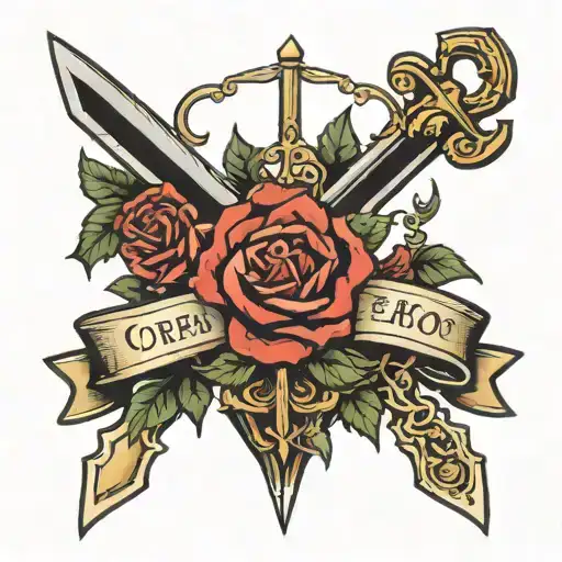 Dagger and Rose tattoo with name banner with Cora and Lauren tattoo design idea
