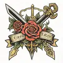 Dagger and Rose tattoo with name banner with Cora and Lauren tattoo design idea