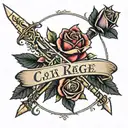 Dagger and Rose tattoo with name banner with Cora and Lauren tattoo design idea