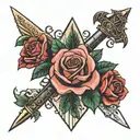 Dagger and Rose tattoo with name banner with Cora and Lauren tattoo design idea