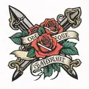 Dagger and Rose tattoo with name banner with Cora and Lauren tattoo design idea