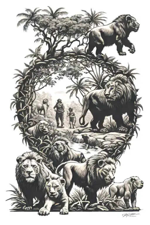 A teacher leading a group of lions and gorillas on a hike through a jungle tattoo design idea