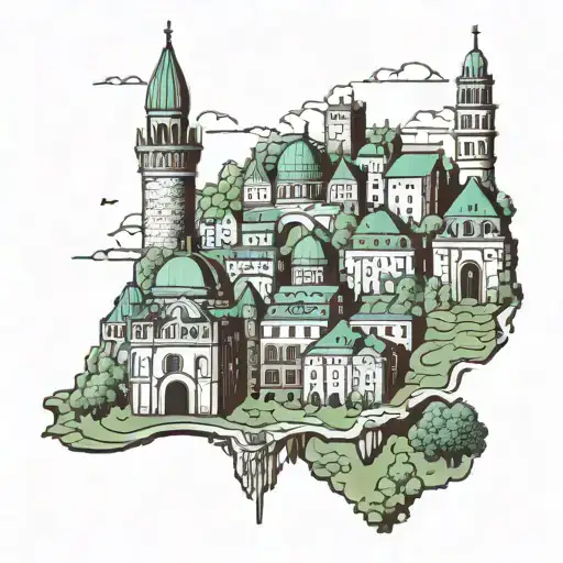 An intricate design of famous landmarks from Croatia, Ireland, and Bosnia in a pixel art style tattoo design idea