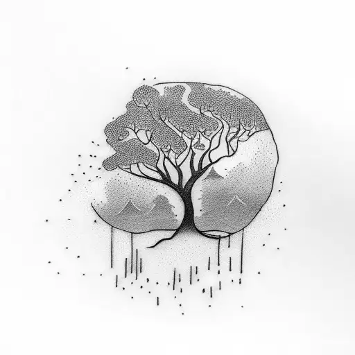 a Pear tree with a small brook and a wolf tattoo design idea