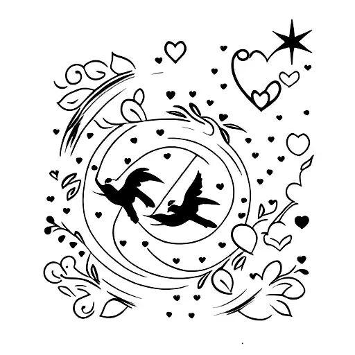 3 little birds on a branch with little hearts and a dotted sun above  tattoo design idea