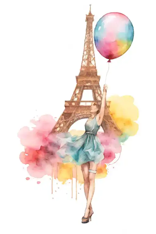 Girl holding the Eiffel Tower as a balloon and watercolor background tattoo design idea