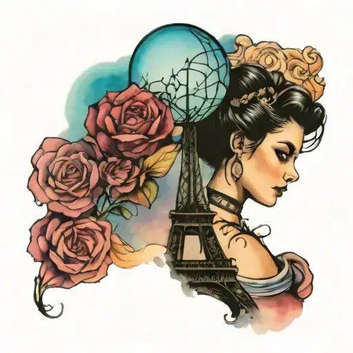Girl holding the Eiffel Tower as a balloon and watercolor background tattoo design idea