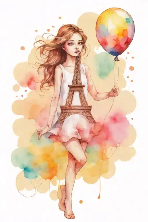 Girl holding the Eiffel Tower as a balloon and watercolor background tattoo design idea