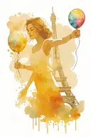 Girl holding the Eiffel Tower as a balloon and watercolor background tattoo design idea
