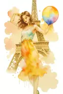 Girl holding the Eiffel Tower as a balloon and watercolor background tattoo design idea