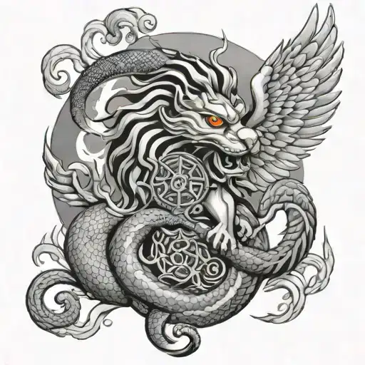 Cambodian phoenix lion snake moon  tattoo design idea
