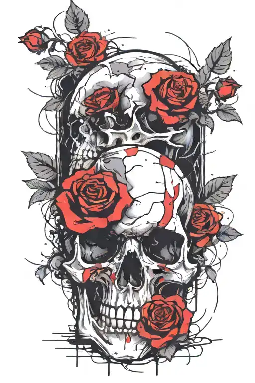 broken skull with roses growing inside tattoo design idea