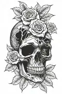 broken skull with roses growing inside tattoo design idea