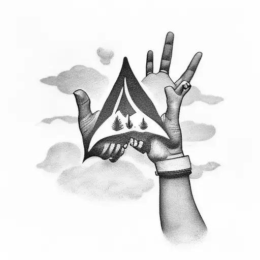 A simple, big hand tattoo with clouds and cursive text that says “through the rain” on it.  tattoo design idea