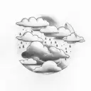 A simple, circular tattoo with clouds and rain and cursive text that says “through the rain” on it.  tattoo design idea