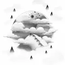 A simple, circular tattoo with clouds and rain and cursive text that says “through the rain” on it.  tattoo design idea