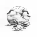 A simple, circular tattoo with clouds and rain and cursive text that says “through the rain” on it.  tattoo design idea