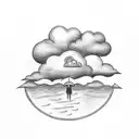 A simple, circular tattoo with clouds and rain and cursive text that says “through the rain” on it.  tattoo design idea
