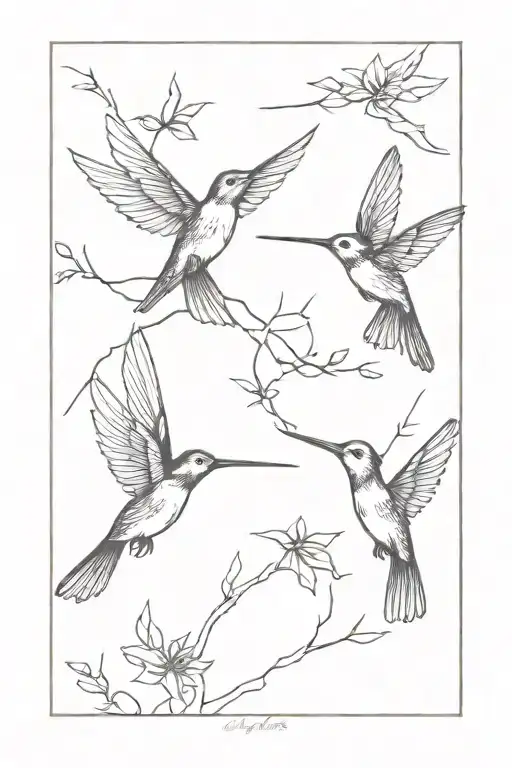 two hummingbirds, two dragonflies and two crows tattoo design idea