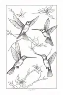 two hummingbirds, two dragonflies and two crows tattoo design idea