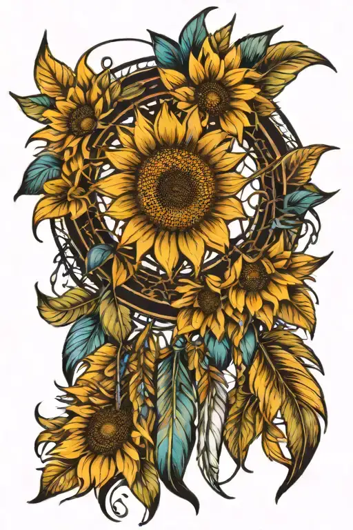 sunflower dreamcatcher with feathers hanging from it. the flower in unique colors and the rest black  tattoo design idea