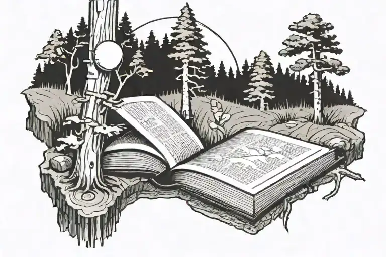 A black-grey tattoo of a peaceful forest scene with a hidden golf flag and a book resting on a tree stump tattoo design idea