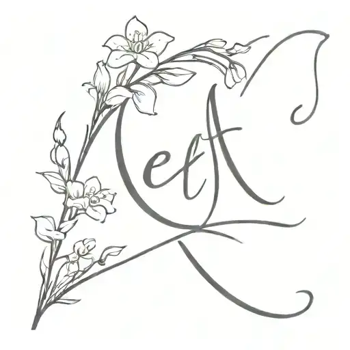 cursive letter e with one hawthorn flower and one lily of the valley flower tattoo design idea