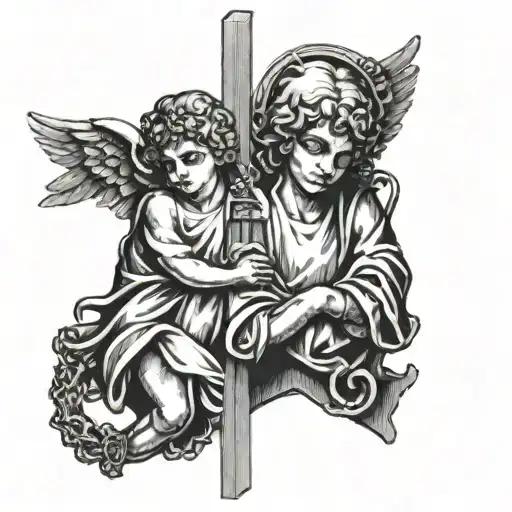 two angels holding a cross on a chain tattoo design idea