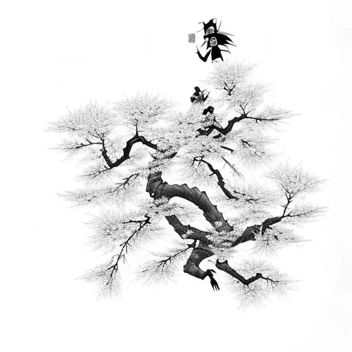Mulan and Mushu standing on a tree branch surrounded by cherry blossoms tattoo design idea