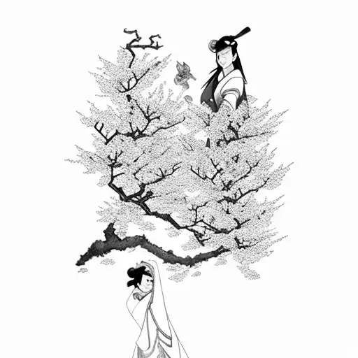 Mulan and Mushu standing on a tree branch surrounded by cherry blossoms tattoo design idea