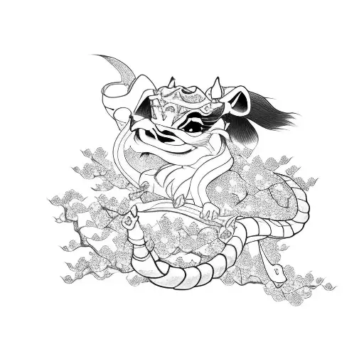 Mulan riding Mushu in a cherry blossom forest tattoo design idea