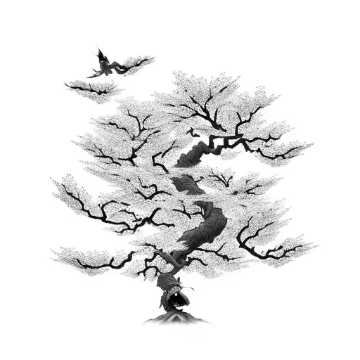 Mulan and Mushu standing on a tree branch surrounded by cherry blossoms tattoo design idea