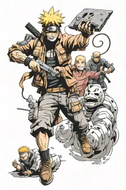 Naruto and Jason Voorhees and cooking and backpacking and boxing tattoo design idea